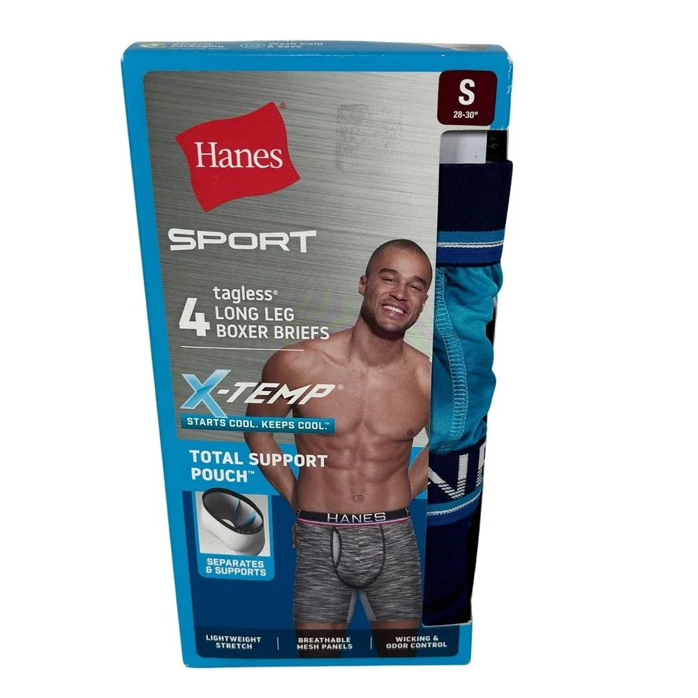 Hanes Sport X Temp Boxer Briefs Mens Size S 4 Pack Blue Gray Total Support Pouch
